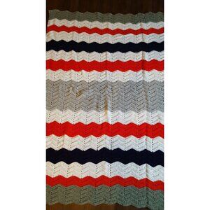 Afghan Throw Blanket 48"X89" Vintage Handmade Striped Multicolor Red Blue‎ White